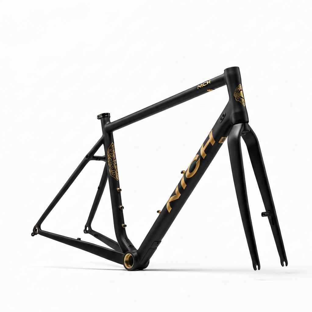 NICH bike frame in matte black with gold accents custom paint finish