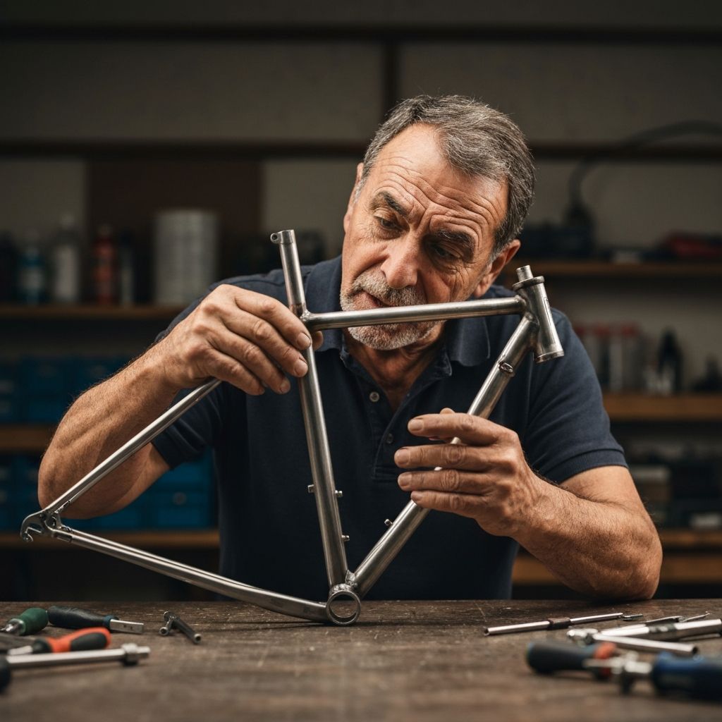Kevin examining a NICH bike frame, discovering the craftsmanship