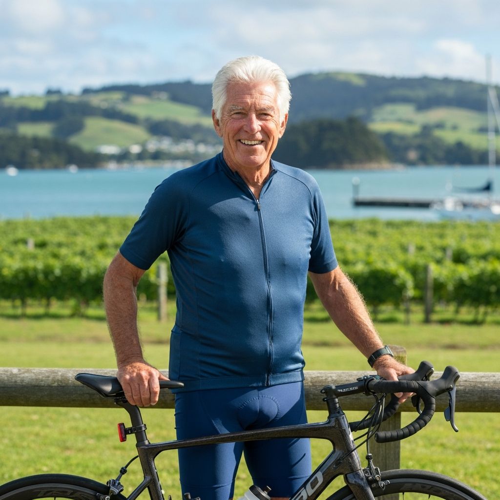 Kevin, 70-year-old cyclist founder, standing beside a NICH bike with scenic New Zealand backdrop