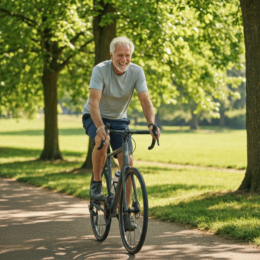 Older cyclist enjoying a peaceful ride on a scenic path