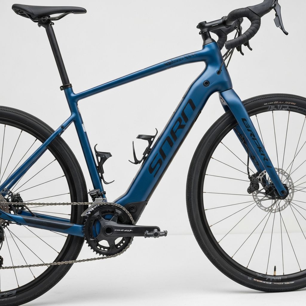 E-gravel bike in sophisticated deep blue custom paint