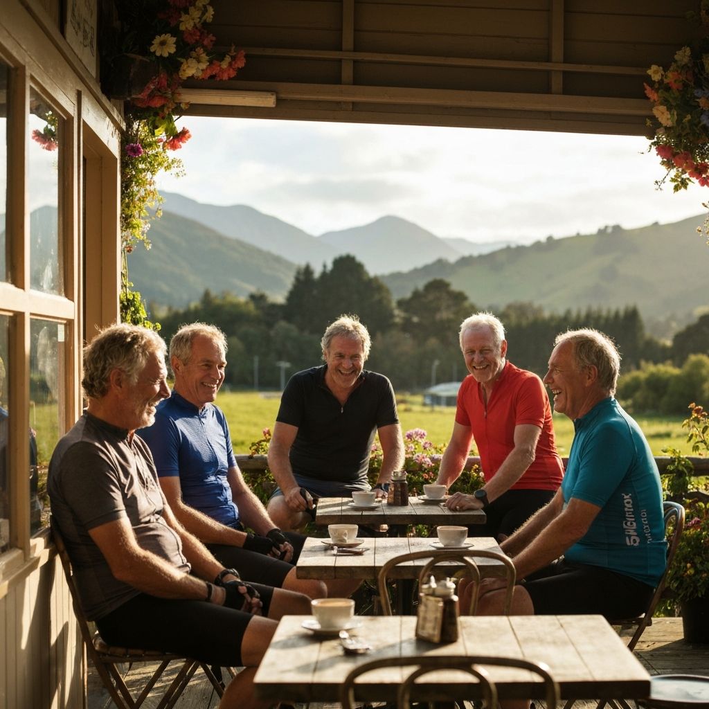 Group of older male cyclists enjoying coffee at a scenic rest stop